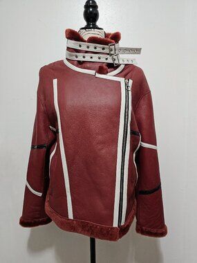 New Real Merino Sheepskin Shearling Lamb Fur Jacket Wine Red Burgundy Plum Biker